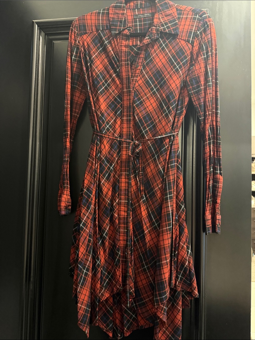 Red Plaid Shirt Dress with Tie Waist - Women